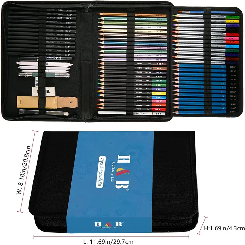 H&B 71/74 PCS/set Professional Drawing Kit Sketch Pencils Art Sketching  Painting Supplies with Carrying Bag